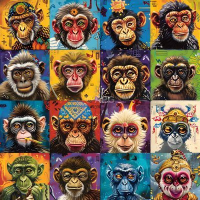 Künstlerische Collage von 16 stilisierten Affenporträts (KI-generiert)